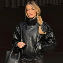 Load image into Gallery viewer, HXAO New Arrival Women's Bomber Jacket Leather Black Jackets Cropped Oversize Outerwears Zip-Up Long Sleeve Coats Outdoor Jacket
