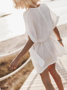Fashion Solid Dress For Women Casual V Neck Short Sleeve High Waist Loose Dresses Lady Holiday Beach Skirts Womens Clothing New