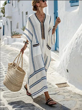 Load image into Gallery viewer, Casual Loose Retro Striped Print Holiday Dresses Summer Flare Sleeve Button V Neck Robes Dress Boho Beach Style Long Dress Woman
