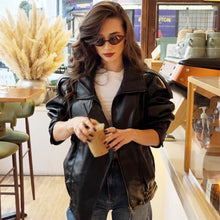 Load image into Gallery viewer, HXAO New Arrival Women's Bomber Jacket Leather Black Jackets Cropped Oversize Outerwears Zip-Up Long Sleeve Coats Outdoor Jacket
