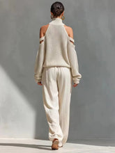 Load image into Gallery viewer, Boho Women's Two Piece Outfit Cold Shoulder Hollow Out Turtleneck Knit Sweater and High Waist Wide Leg Pants Casual Matching Set
