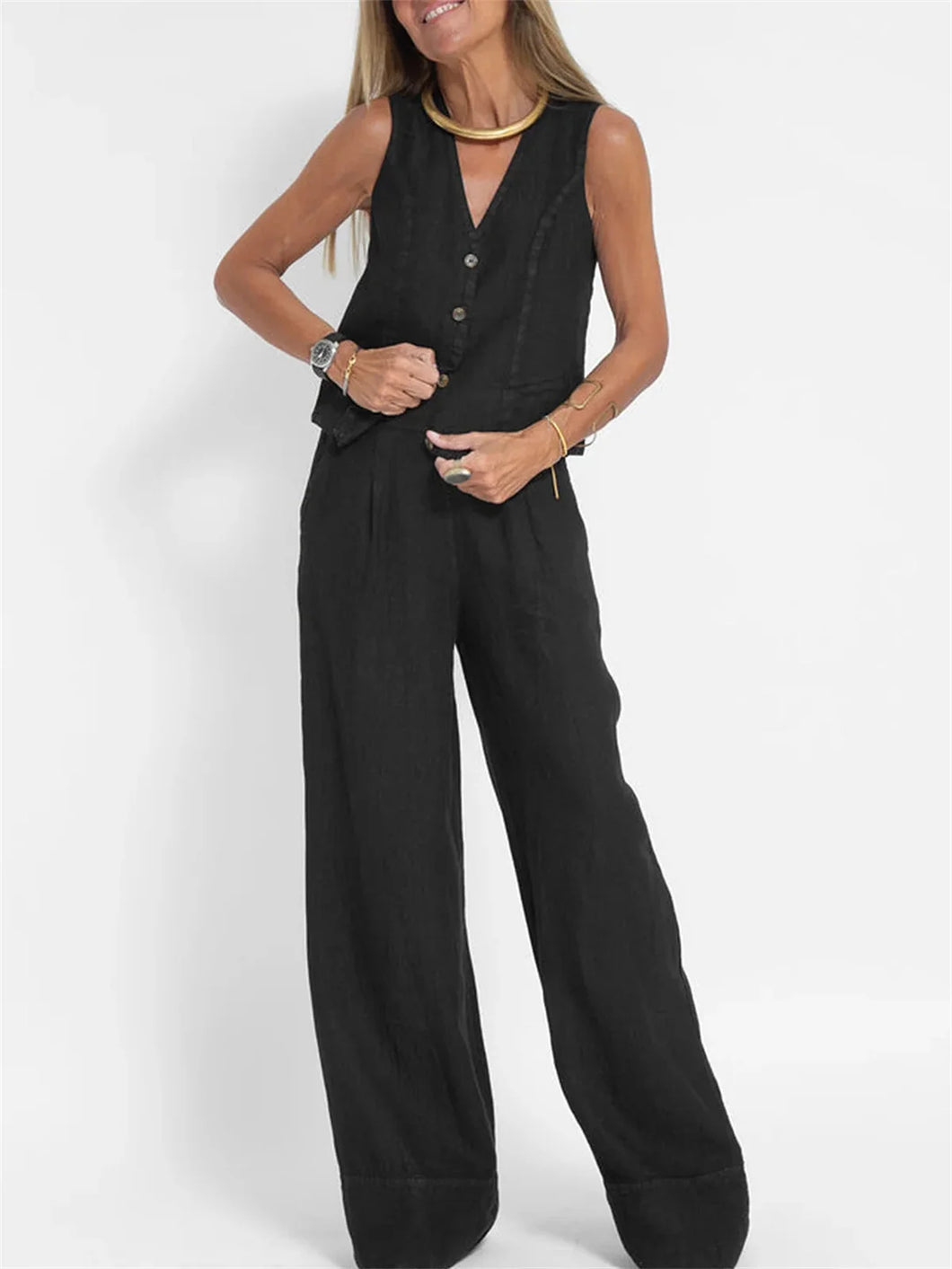 2024 New Sleeveless V-neck Two-piece Suit Elegant Solid Single High Waist Wide Leg Pants Vest Sets Office Casual Chic Clothing