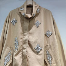 Load image into Gallery viewer, Khaki Spliced Diamonds Jacket Female Stand Collar Long Sleeve Loose Streetwear Casual Women's Jackets Autumn Fashion New
