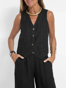 2024 New Sleeveless V-neck Two-piece Suit Elegant Solid Single High Waist Wide Leg Pants Vest Sets Office Casual Chic Clothing