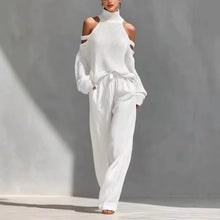 Load image into Gallery viewer, Elegant High Neck Knitted Hollowed Out Off Shoulder Top and Wide Leg Pants Women's Casual Two-piece Suit Streetwear Holiday 2026
