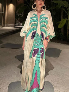 go to Greece Tassel Printed Splicing Maxi Dress