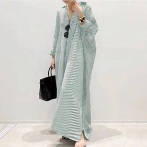 Autumn New Striped Women's Long Dress V-neck  Sleeves Loose Dress Home Wear Loose