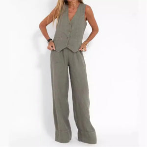 Fashionable High-waisted Wide-leg Trousers Suit For Women, Casual Commuting Temperament Vest And Vest 2-piece Set