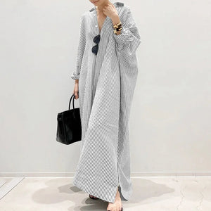 Autumn New Striped Women's Long Dress V-neck  Sleeves Loose Dress Home Wear Loose