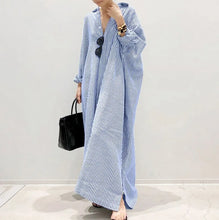 Load image into Gallery viewer, Autumn New Striped Women&#39;s Long Dress V-neck  Sleeves Loose Dress Home Wear Loose
