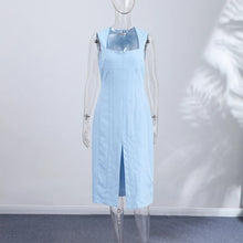 Load image into Gallery viewer, Vestido de mujer liso sin mangas con cuello cuadrado, cremallera, cintura ajustada y abertura, ideal para fiestas de verano y vacaciones.
