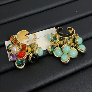 Vintage Natural Stone  Glass Multi-pendant High-grade Fringe Open Ring Women's Wedding Party Jewelry