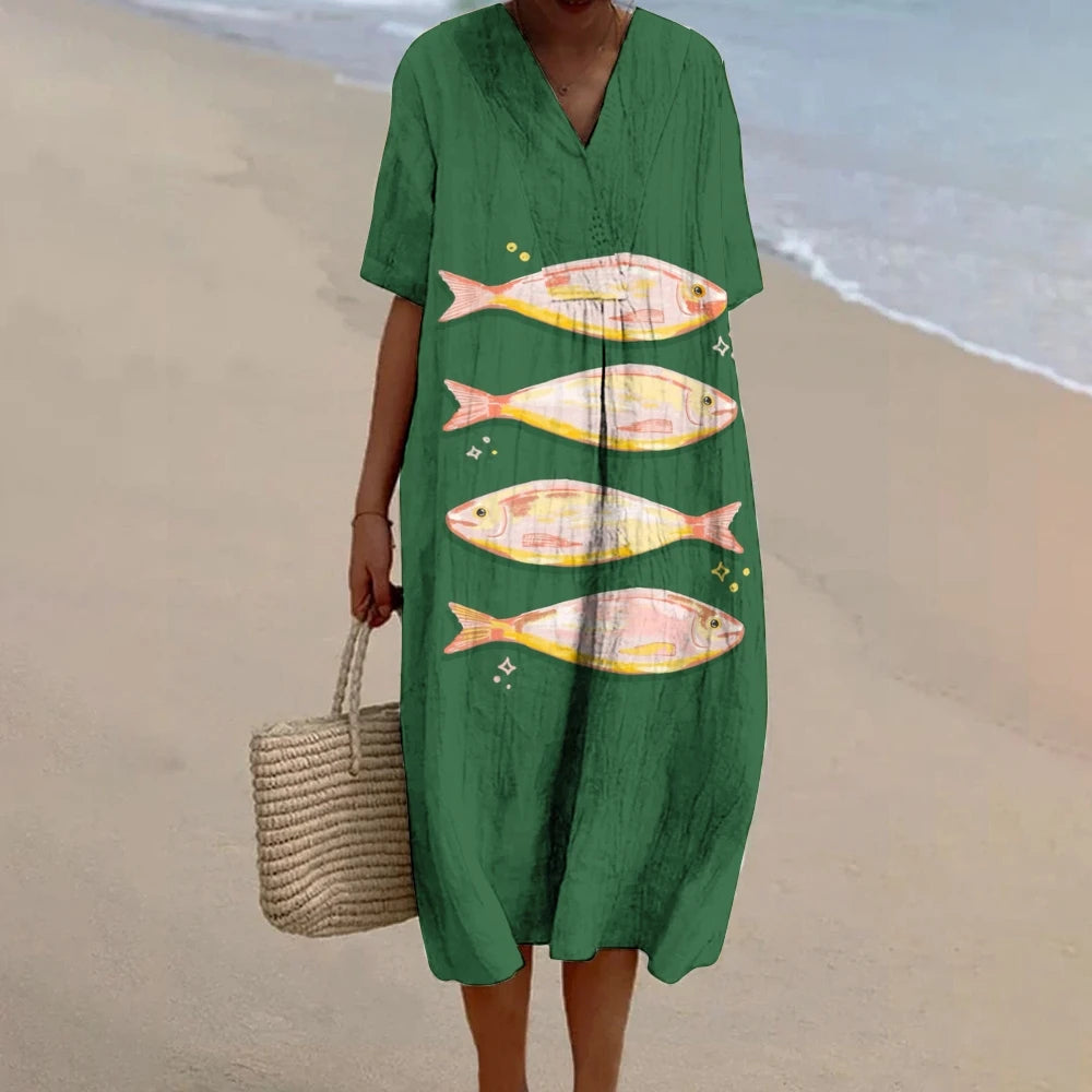 Fish Print Green Linen Dress Short Sleeve V-neck CasualLuxury Brand Be samplebydesignusa Fish Print Green Linen Dress Short Sleeve V-neck CasualLuxury Brand Be samplebydesignusa