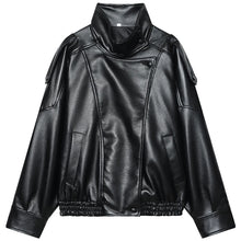 Load image into Gallery viewer, HXAO New Arrival Women's Bomber Jacket Leather Black Jackets Cropped Oversize Outerwears Zip-Up Long Sleeve Coats Outdoor Jacket
