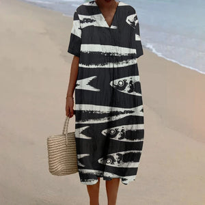 Fish Print Dress  Baggy Dress Vintage V Neck A-line Luxury Brand Linen Beach