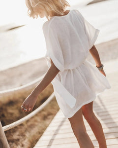 Fashion Solid Dress For Women Casual V Neck Short Sleeve High Waist Loose Dresses Lady Holiday Beach Skirts Womens Clothing New