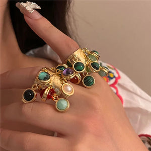 Vintage Natural Stone  Glass Multi-pendant High-grade Fringe Open Ring Women's Wedding Party Jewelry