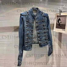 Load image into Gallery viewer, Women's High Street Metal Buckle Design Denim Short Jacket Autumn Fashion Shoulder Strap Female Coat All Season Full Sleeve
