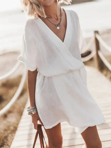 Fashion Solid Dress For Women Casual V Neck Short Sleeve High Waist Loose Dresses Lady Holiday Beach Skirts Womens Clothing New