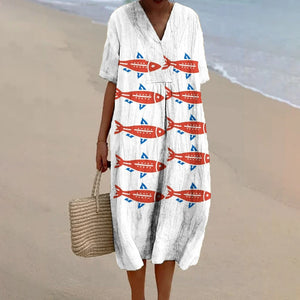 Fish Print Dress  Baggy Dress Vintage V Neck A-line Luxury Brand Linen Beach