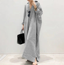 Load image into Gallery viewer, Autumn New Striped Women&#39;s Long Dress V-neck  Sleeves Loose Dress Home Wear Loose
