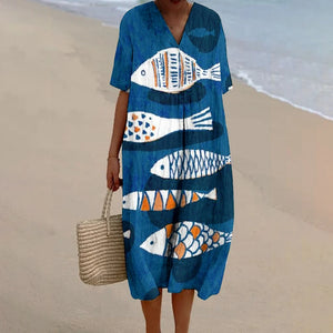 Fish Print Dress  Baggy Dress Vintage V Neck A-line Luxury Brand Linen Beach