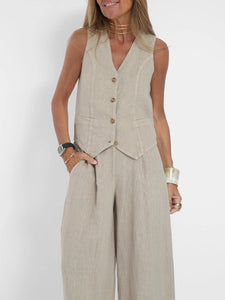 2024 New Sleeveless V-neck Two-piece Suit Elegant Solid Single High Waist Wide Leg Pants Vest Sets Office Casual Chic Clothing