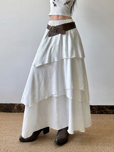 Women Pleated Maxi Skirt Flowy Solid Color High Waist A-line Dress Casual Streetwear with Ruffle Detail