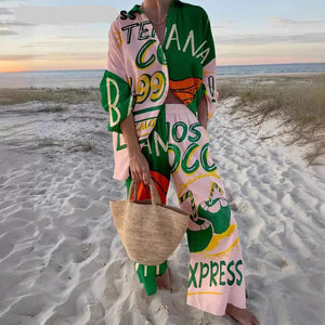 Summer Fashion Printed Shirt Two Piece Set Women Casual Loose Street Button Shirt Wide Leg Pants Two Piece Set Women