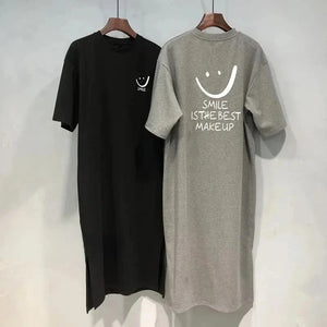 Summer Short Sleeved T-shirt Dress Loose Mid Length Over Knee Dress