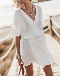 Fashion Solid Dress For Women Casual V Neck Short Sleeve High Waist Loose Dresses Lady Holiday Beach Skirts Womens Clothing New