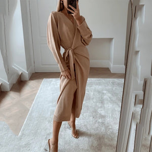 Winter Casual Women V-Neck Knitted Dress