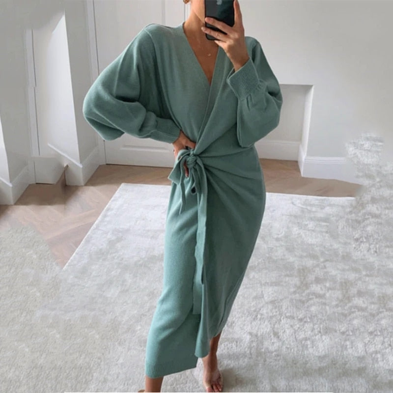 Winter Casual Women V-Neck Knitted Dress