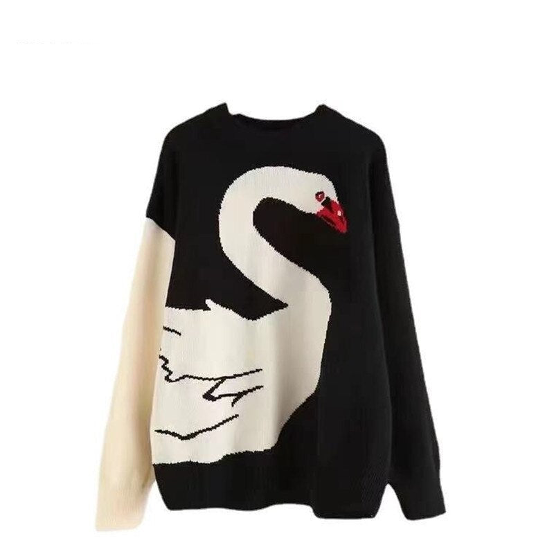 Woman swan Vintage Fashion  Embroidered Knit  Sweater