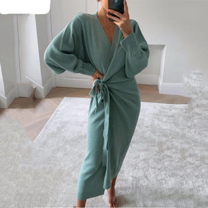 Winter Casual Women V-Neck Knitted Dress