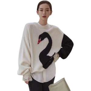 Woman swan Vintage Fashion  Embroidered Knit  Sweater