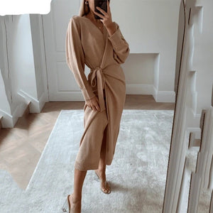 Winter Casual Women V-Neck Knitted Dress