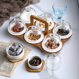 Isabella collection Ceramic Dessert Bowl ,Oven Baking Bowl with Glass Cover ,Pudding Cup Separation Fruit Plate Creative Snack Storage Box
