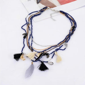 Exknl Bohemian Multi Color Feather Necklace