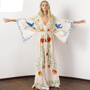 Jastie Embroidered Women Maxi Dress V-Neck Batwing Sleeve Loose Plus Size Summer Dresses Drawstring Waist Boho Beach Vestidos
