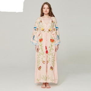 Jastie Embroidered Women Maxi Dress V-Neck Batwing Sleeve Loose Plus Size Summer Dresses Drawstring Waist Boho Beach Vestidos