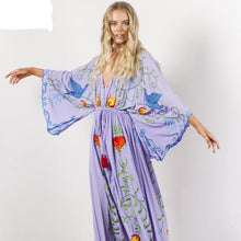 Load image into Gallery viewer, Jastie Embroidered Women Maxi Dress V-Neck Batwing Sleeve Loose Plus Size Summer Dresses Drawstring Waist Boho Beach Vestidos
