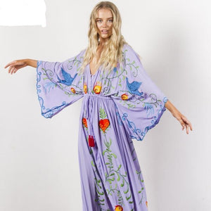 Jastie Embroidered Women Maxi Dress V-Neck Batwing Sleeve Loose Plus Size Summer Dresses Drawstring Waist Boho Beach Vestidos