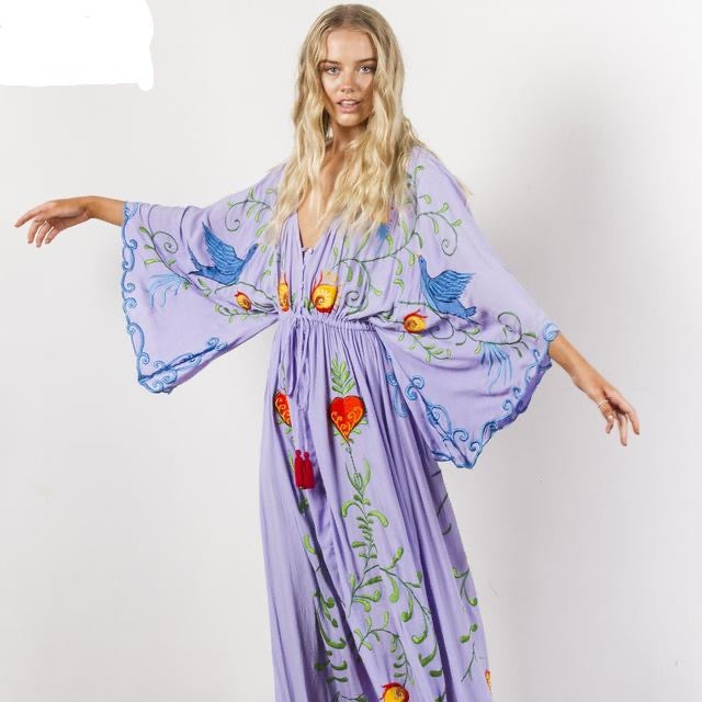 Jastie Embroidered Women Maxi Dress V-Neck Batwing Sleeve Loose Plus Size Summer Dresses Drawstring Waist Boho Beach Vestidos