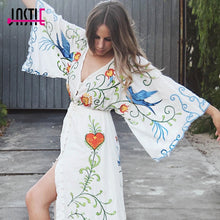 Load image into Gallery viewer, Jastie Embroidered Women Maxi Dress V-Neck Batwing Sleeve Loose Plus Size Summer Dresses Drawstring Waist Boho Beach Vestidos
