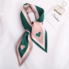 Load image into Gallery viewer, Sweet Love Print Women Small Silk Scarf Handle Bag Ribbons Female Head Scarves Sharp angle Green  90*10cm
