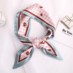 Sweet Love Print Women Small Silk Scarf Handle Bag Ribbons Female Head Scarves Sharp angle Green  90*10cm