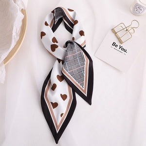 Sweet Love Print Women Small Silk Scarf Handle Bag Ribbons Female Head Scarves Sharp angle Green  90*10cm