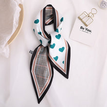 Load image into Gallery viewer, Sweet Love Print Women Small Silk Scarf Handle Bag Ribbons Female Head Scarves Sharp angle Green  90*10cm
