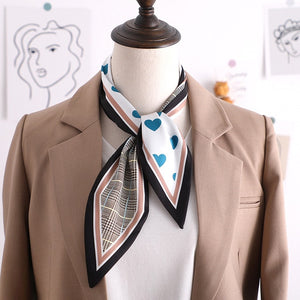 Sweet Love Print Women Small Silk Scarf Handle Bag Ribbons Female Head Scarves Sharp angle Green  90*10cm